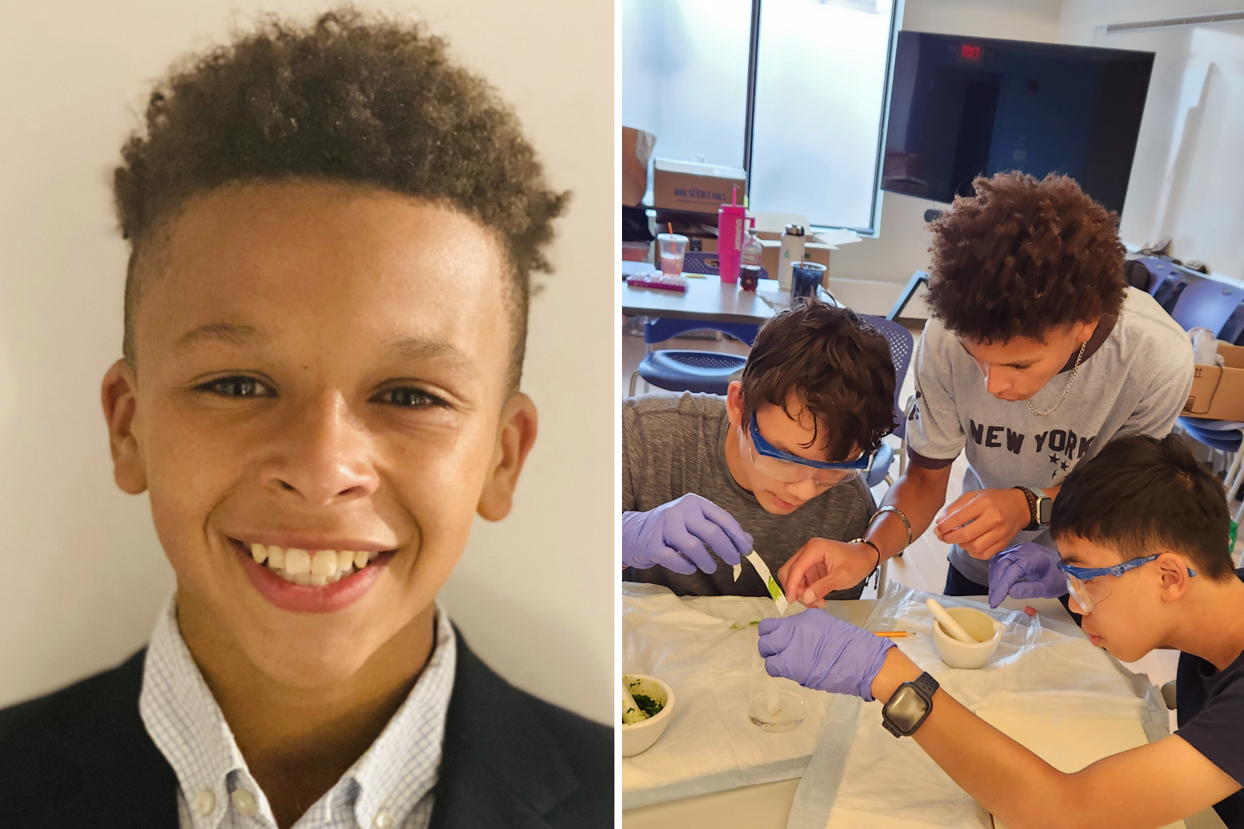 Left: a close up of Gabe. RIght: Gabe leans over a table towards a chromatography strip held by a student, as another student looks closely