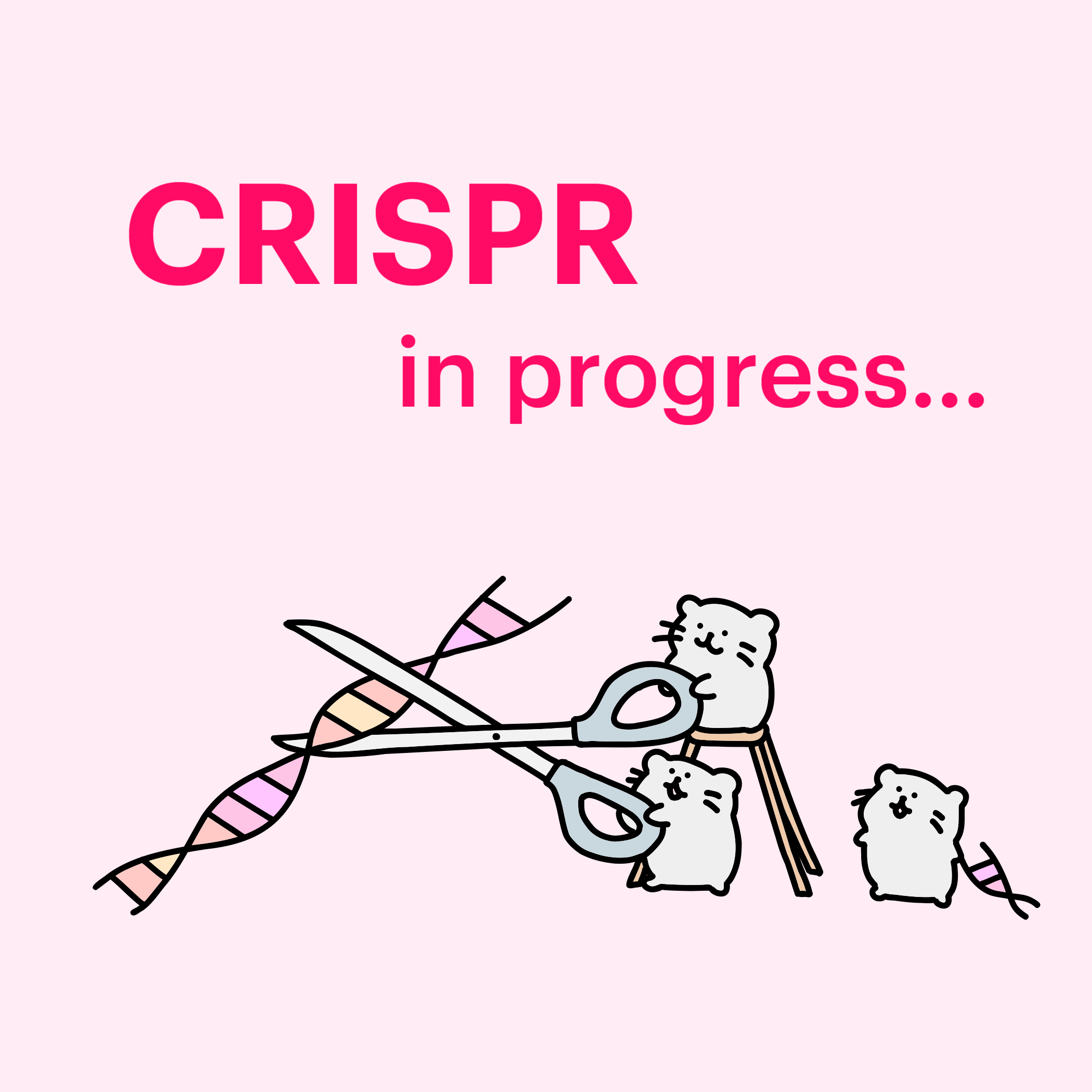 Cartoon mice cut a strand of DNA with scissors under the words "CRISPR in progress"