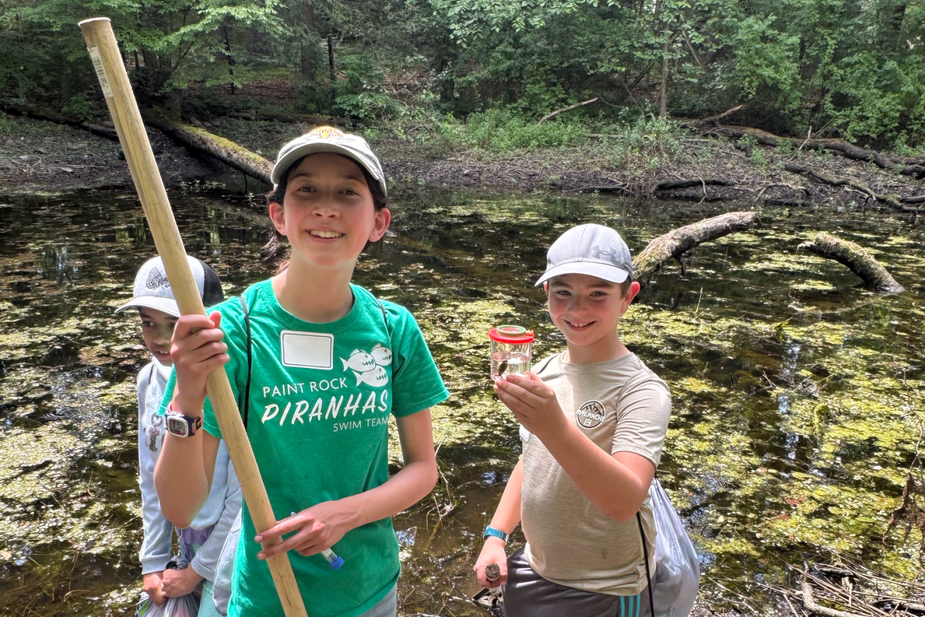 A trio of kids holding scientific collecting equipment by a small pool of water