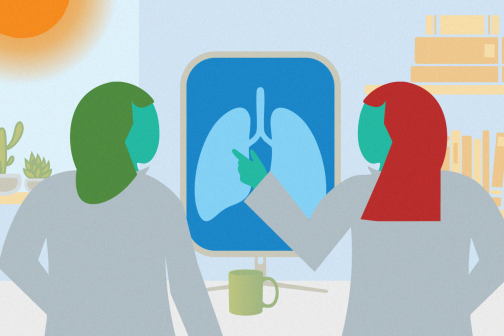 Illustration of two people in white coats discussing an image of lungs