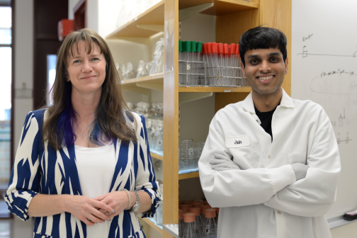 Side by side images of Heather and Pushkal in a lab hallway