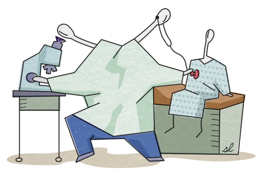 Illustration of a two-headed figure, on one side treating a patient and on the other looking in a microscope