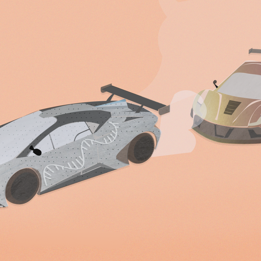 Illustration of two racing cars with RNA on the sides