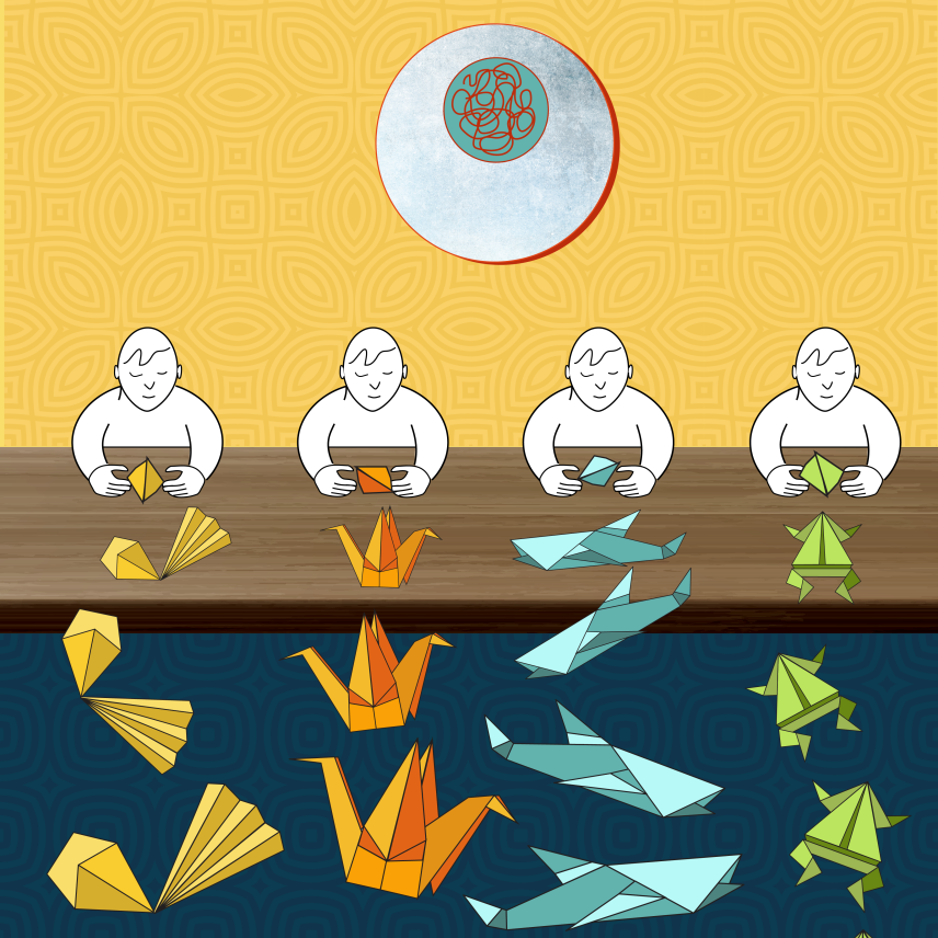 Illustration of 4 people making 4 different origami animals with a cell above